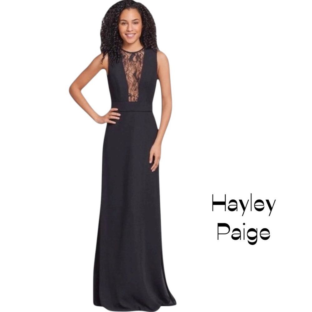 Hayley Paige Black Lace Evening Glam Romantic Maxi Dress NWOT Size 10 Feminine